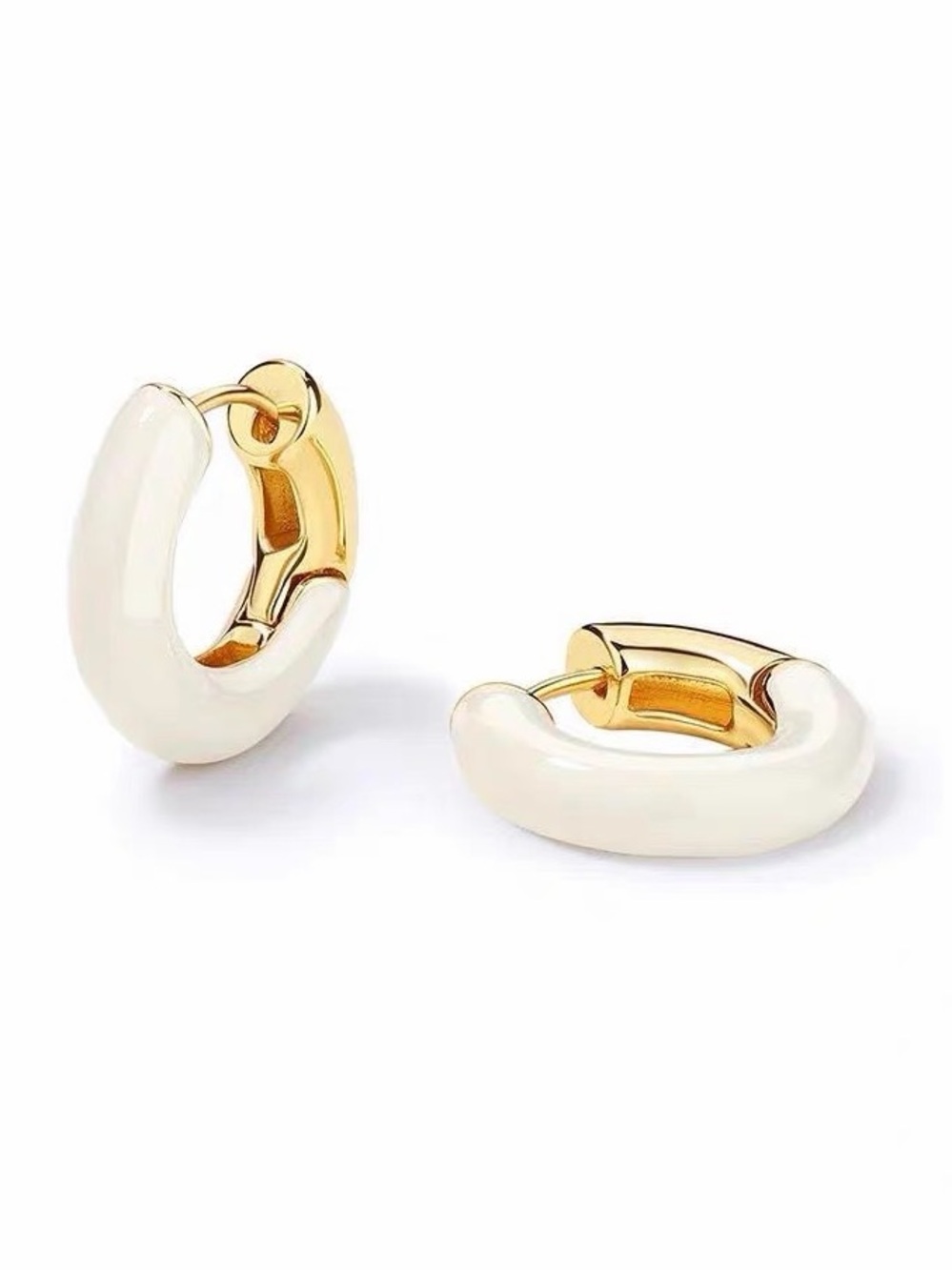 Ivory Enamel Chunky Huggie Hoop Earrings S925 Silver Gold-Tone Statement Earring